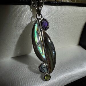 Elegant Sterling Silver Pendant with Abalone Shell, Amethyst, Peridot, & Topaz